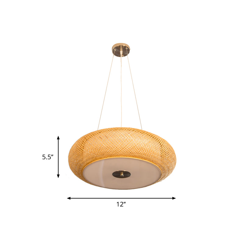 12"/16"/19.5" Wide Donut Ceiling Lamp Retro Bamboo 3 Bulbs Wood Hanging Light Fixture