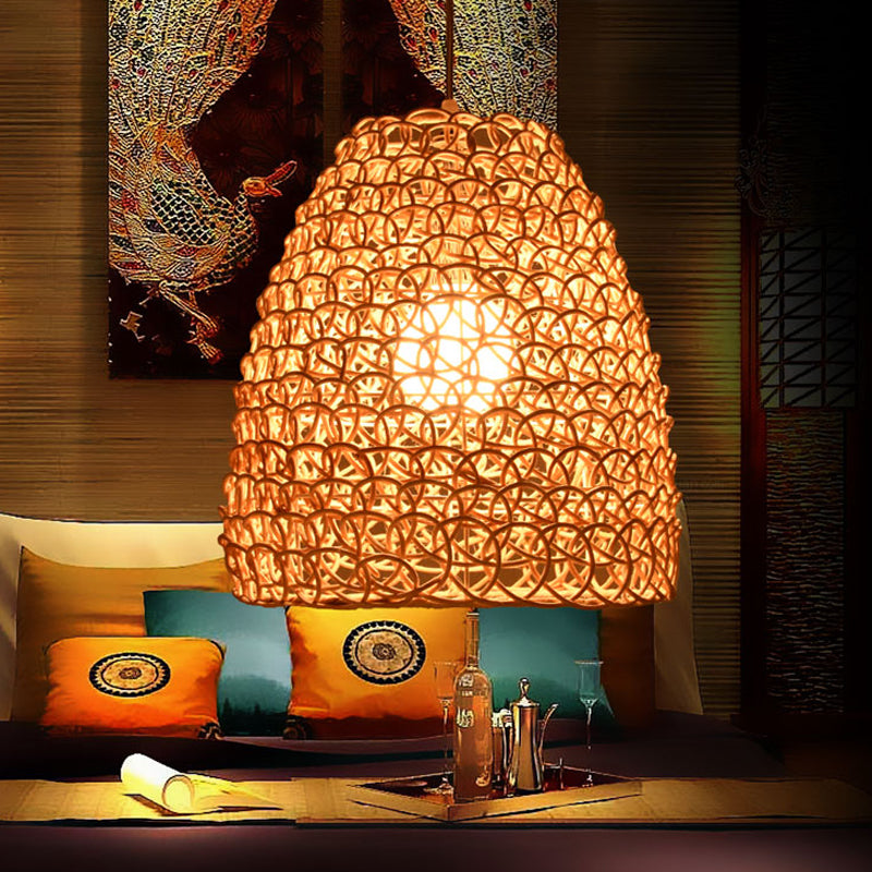 Cesta de bambú/lámpara colgante de trompeta contemporánea 1 cabeza de madera de madera luz colgante para restaurante