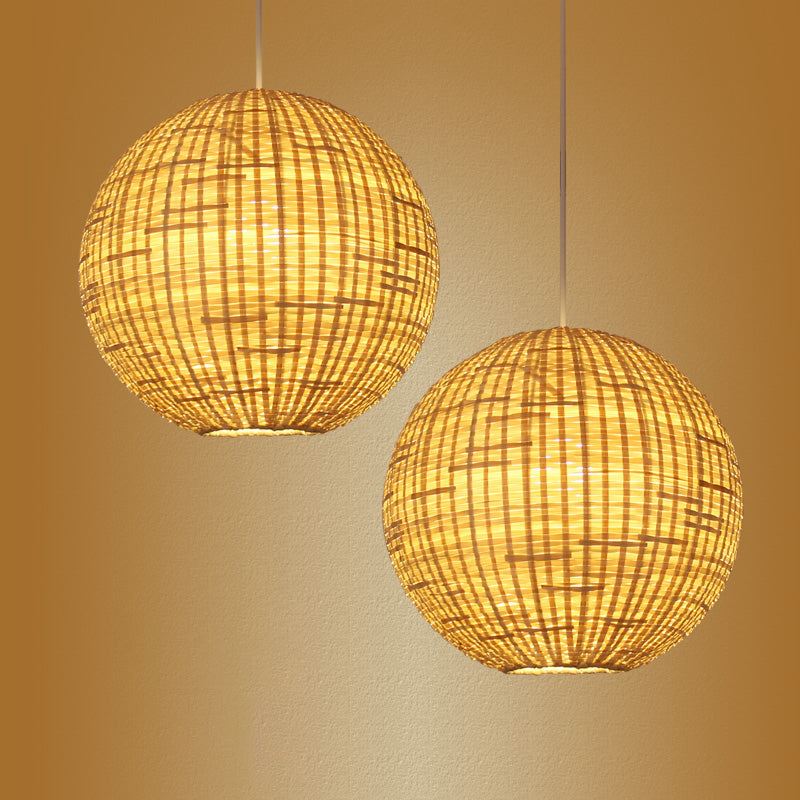 Sphere Suspension Pendant Contemporain Bamboo 1 Bulbe en bois Hanging Light Kit, 16 "/19,5" de large