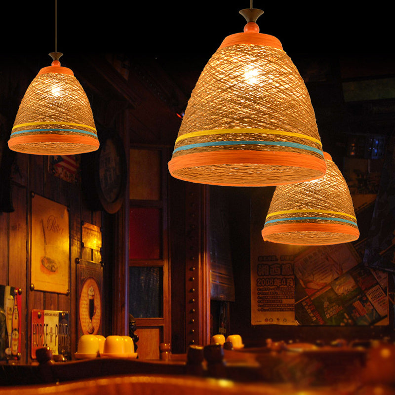 10"/14"/16" Wide Tapered Ceiling Lamp Modern Rattan 1 Bulb Yellow/Brown Hanging Pendant Light