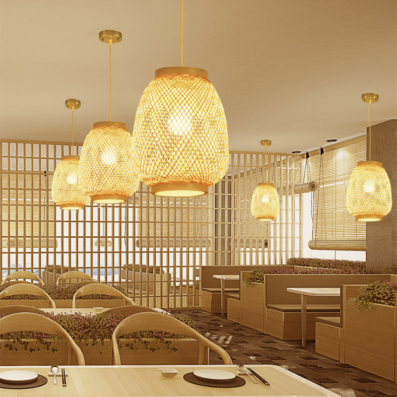 Wood Lantern Pendant Lighting Traditionary Bamboo 1 Bulb Hanging Lamp Kit for Teahouse