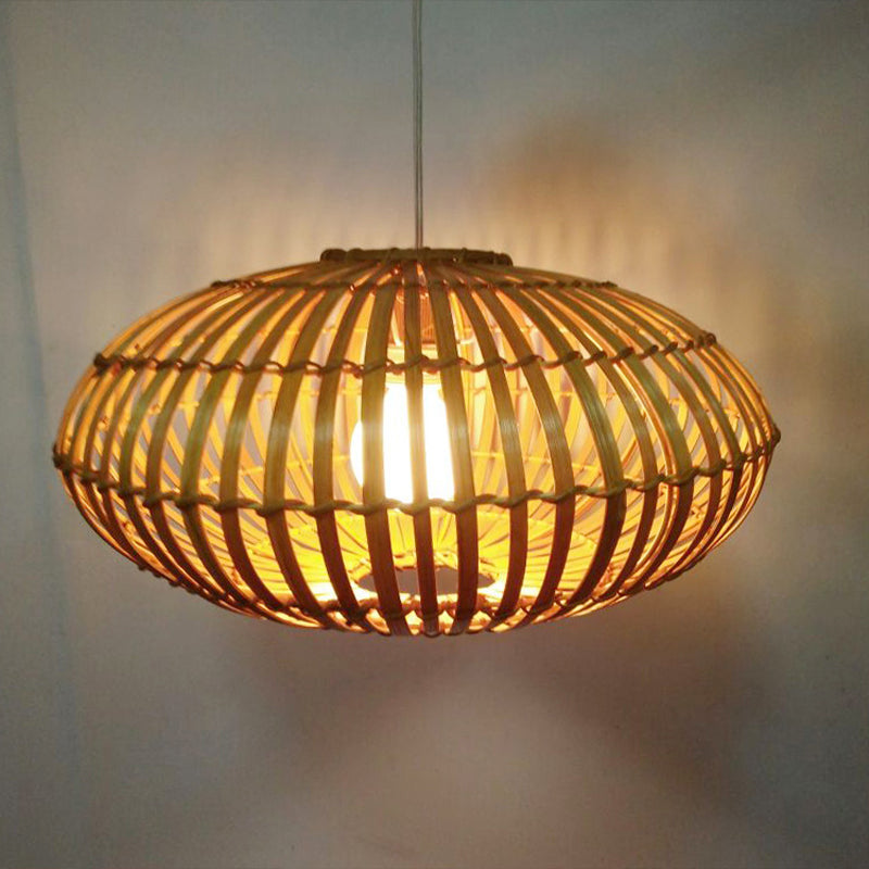 1 Bulb Restaurant Pendant Light Tradition Wood Hanging Lamp Kit with Donut Bamboo Shade