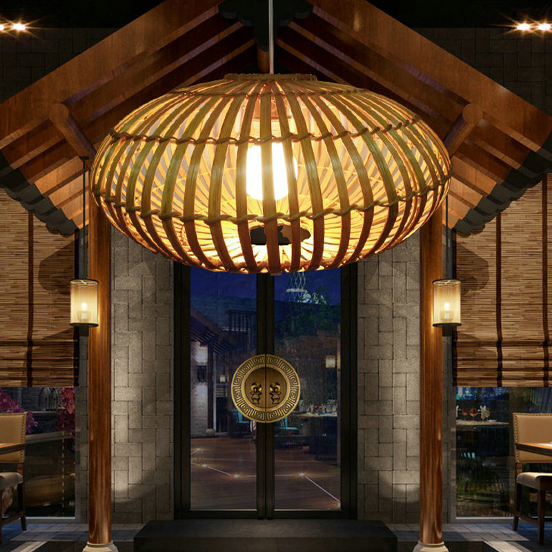 1 Bulb Restaurant Pendant Light Tradition Wood Hanging Lamp Kit with Donut Bamboo Shade