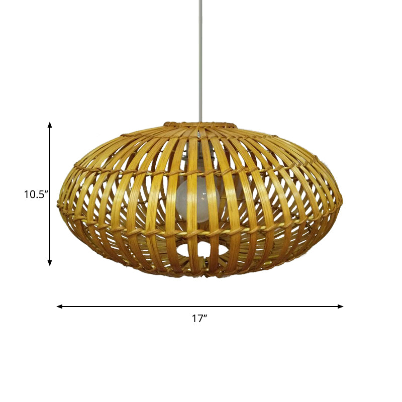 1 Bulb Restaurant Pendant Light Tradition Wood Hanging Lamp Kit with Donut Bamboo Shade