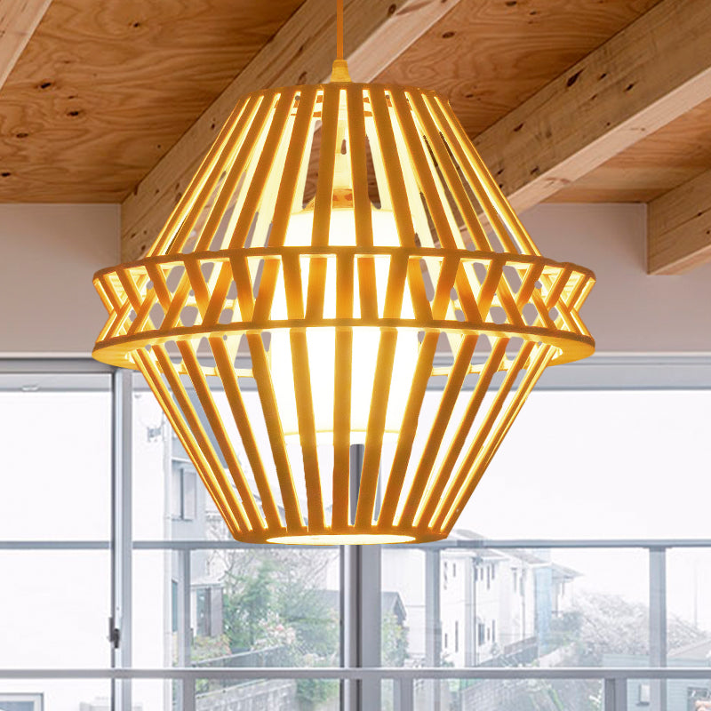 Iluminación colgante de cono de bambú asiático 1 Bulbo de madera de madera Luz colgante con sombra de tela blanca interna