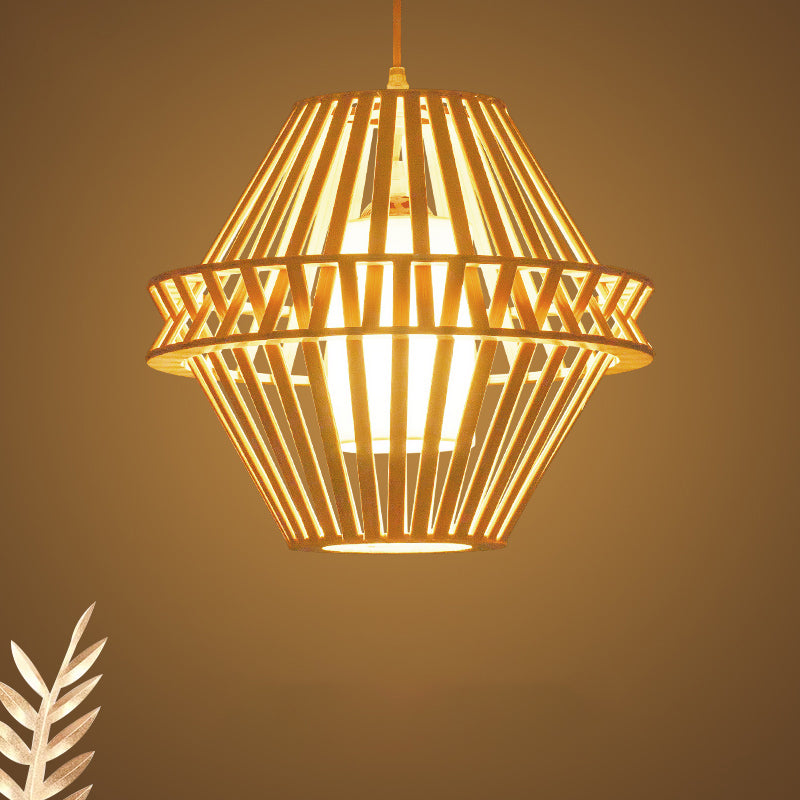 Iluminación colgante de cono de bambú asiático 1 Bulbo de madera de madera Luz colgante con sombra de tela blanca interna