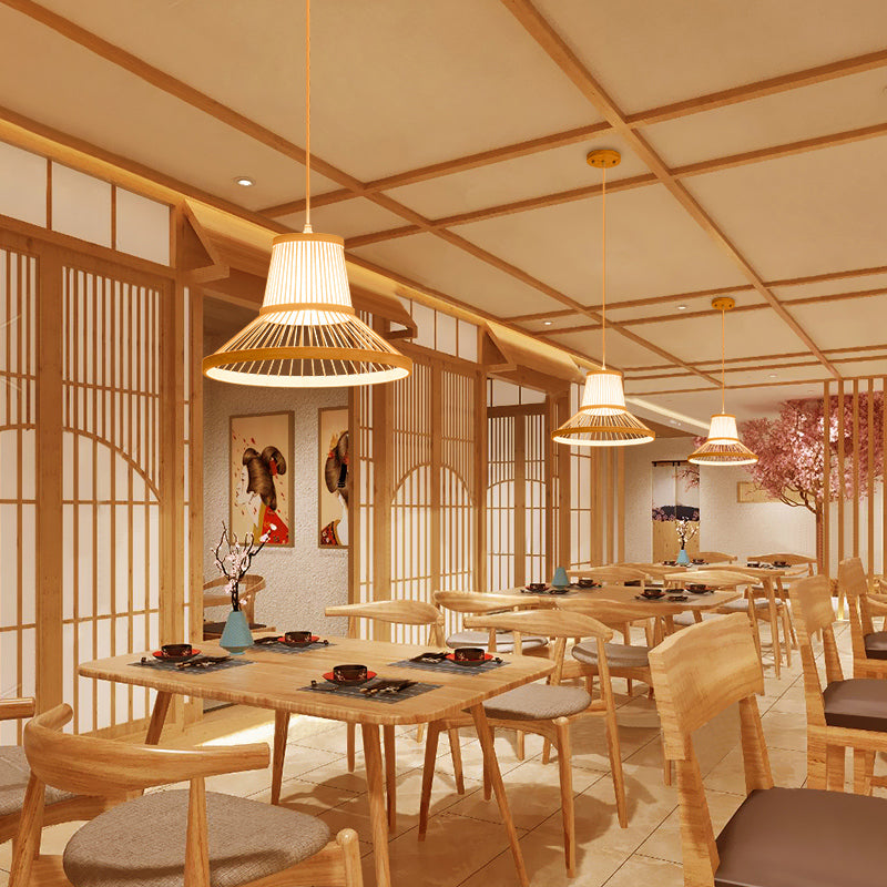 Traditional 1 Bulb Hanging Lamp Wood Hat Pendant Light Fixture with Bamboo Shade