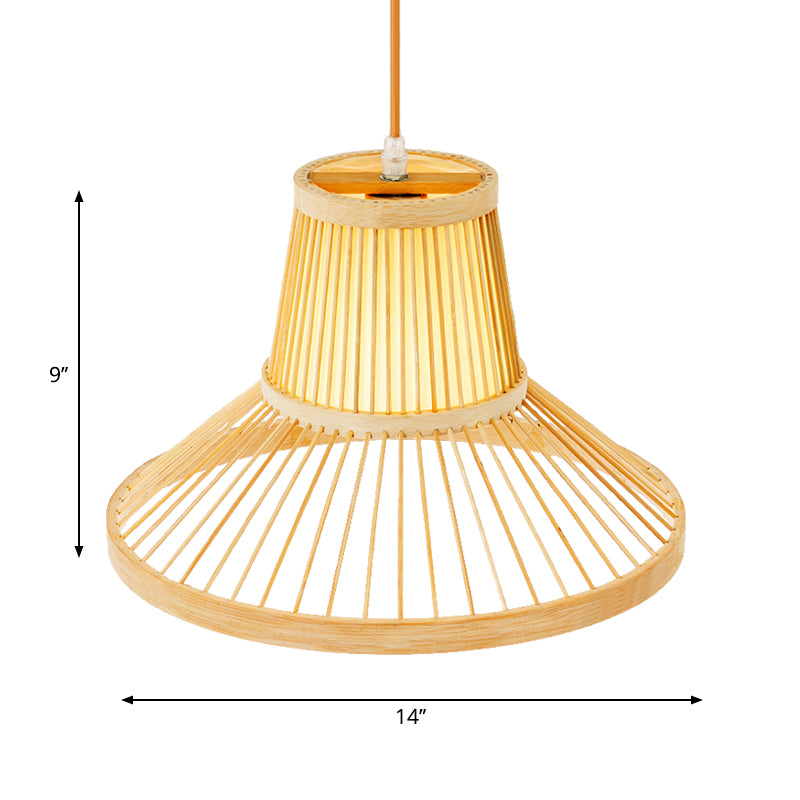 Traditional 1 Bulb Hanging Lamp Wood Hat Pendant Light Fixture with Bamboo Shade