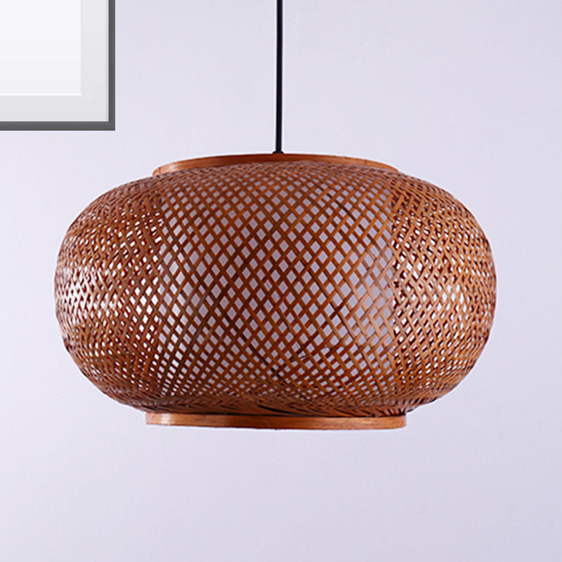 Curved Drum Suspension Pendant Asian Bamboo 1 Bulb Brown Hanging Light Kit, 16"/19.5"/23.5" Wide