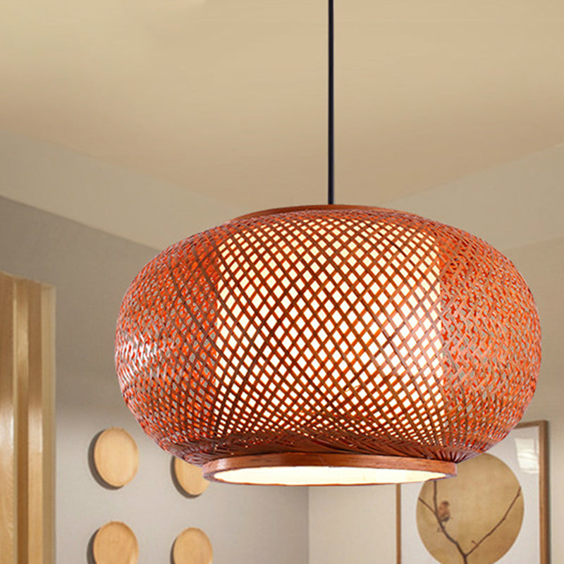 Curved Drum Suspension Pendant Asian Bamboo 1 Bulb Brown Hanging Light Kit, 16"/19.5"/23.5" Wide