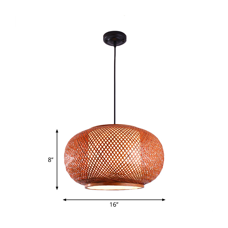 Curved Drum Suspension Pendant Asian Bamboo 1 Bulb Brown Hanging Light Kit, 16"/19.5"/23.5" Wide