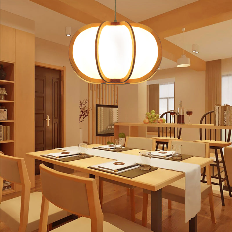 Beige Round Pendant Lighting Traditionary Wood 1 Bulb Hanging Lamp Kit for Restaurant