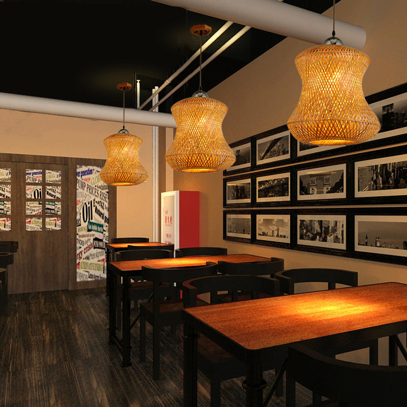 1 Bulb Tearoom Ceiling Light Asian Coffee Pendant Light Fixture with Handcrafted Bamboo Shade