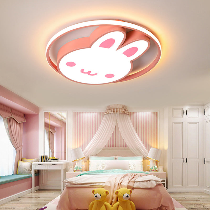 19.5" Wide Cute Cartoon Rabbit LED Ceiling Light Eye Protection Acrylic Pink Lighting Fixture for Kindergarten
