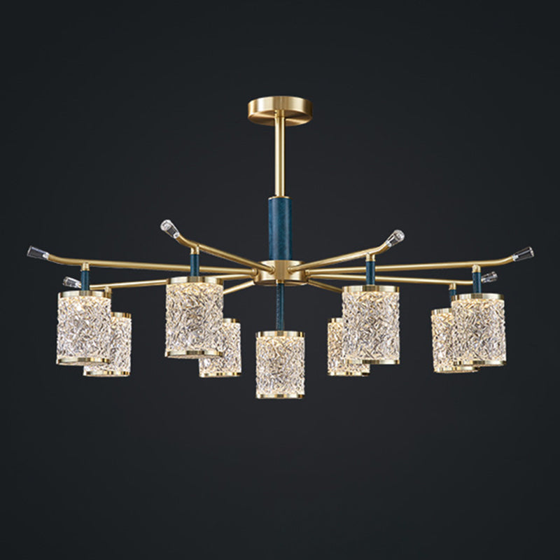 Diner Chandelier Modern Brass Pendant Light with Cylindrical Rippled Glass Shade