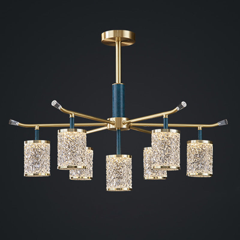 Diner Chandelier Modern Brass Pendant Light with Cylindrical Rippled Glass Shade