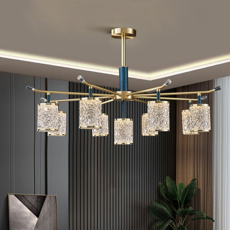 Diner Chandelier Modern Brass Pendant Light with Cylindrical Rippled Glass Shade
