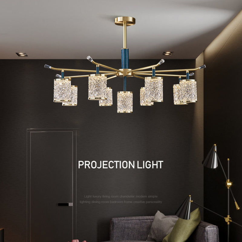 Diner Chandelier Modern Brass Pendant Light with Cylindrical Rippled Glass Shade