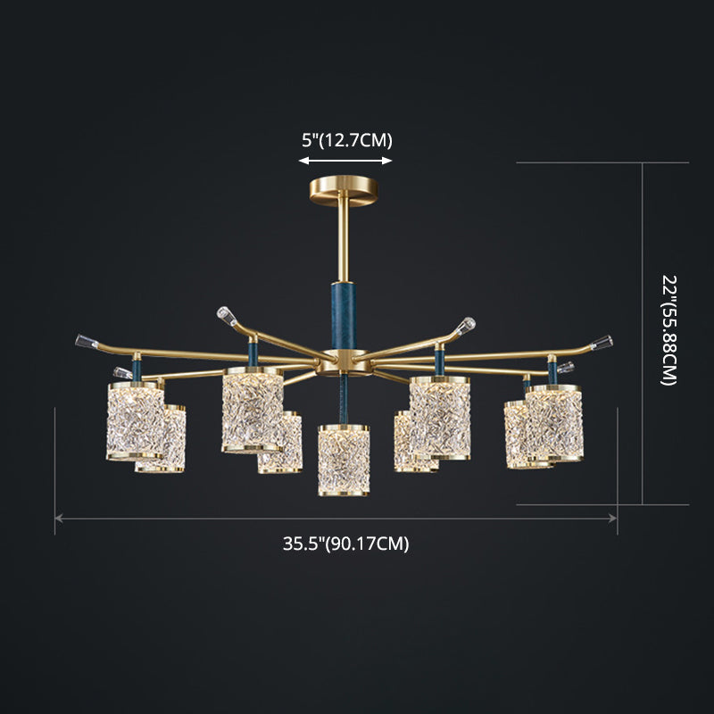 Diner Chandelier Modern Brass Pendant Light with Cylindrical Rippled Glass Shade