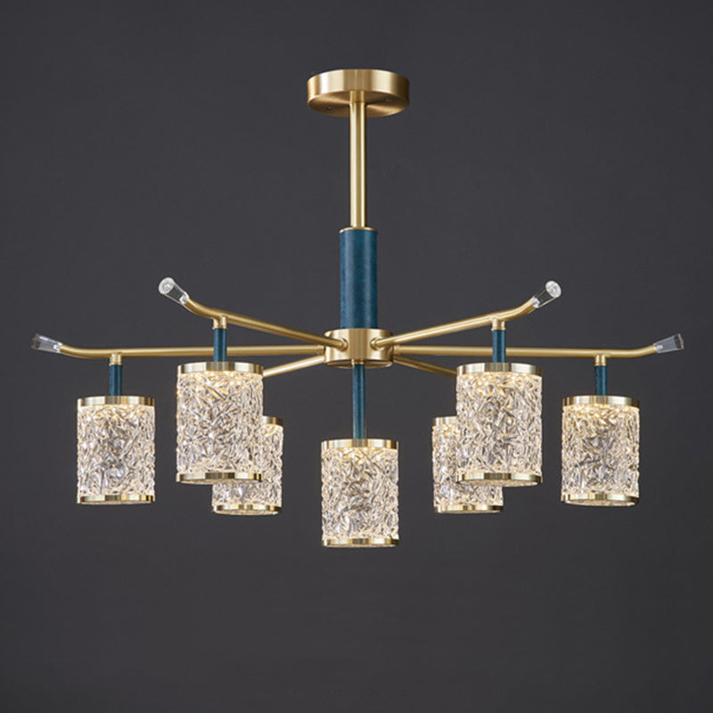 Diner Chandelier Modern Brass Pendant Light with Cylindrical Rippled Glass Shade