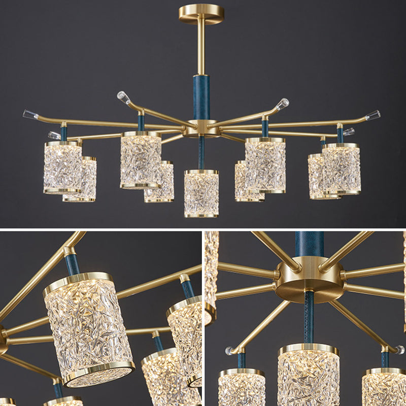 Diner Chandelier Modern Brass Pendant Light with Cylindrical Rippled Glass Shade