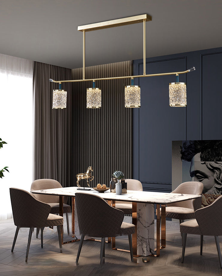 Diner Chandelier Modern Brass Pendant Light with Cylindrical Rippled Glass Shade