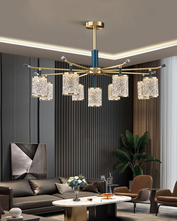 Diner Chandelier Modern Brass Pendant Light with Cylindrical Rippled Glass Shade