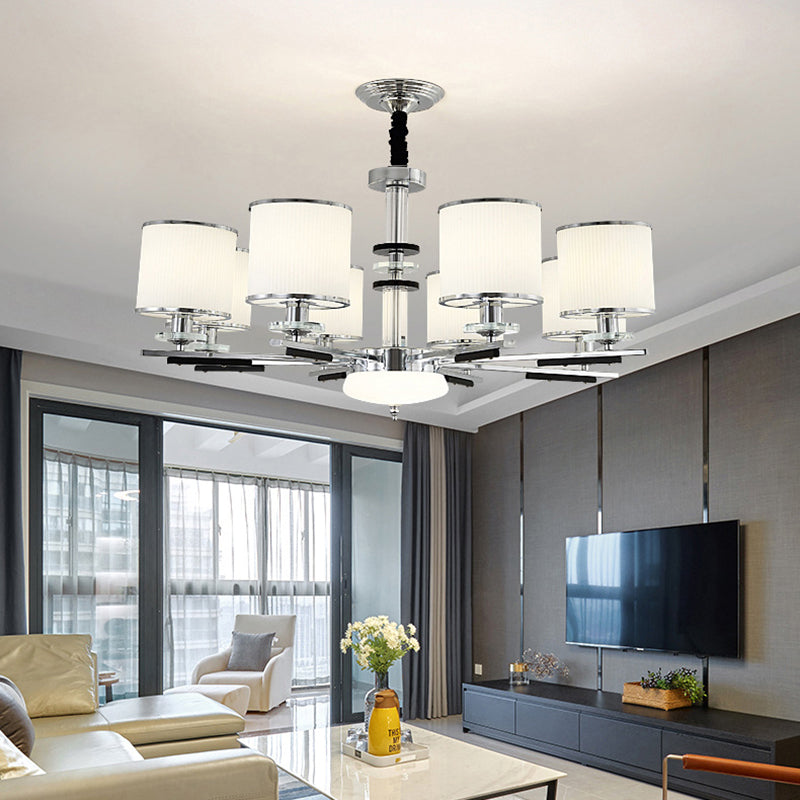 Luz de suspensión de estilo cilíndrico de vidrio de costilla blanca para sala de estar para sala de estar