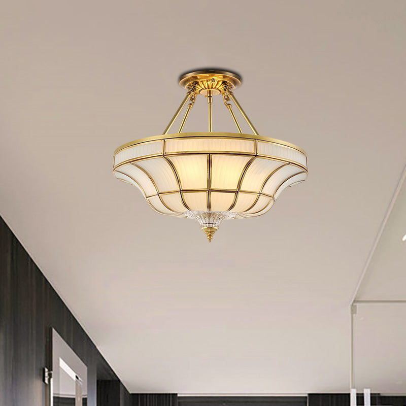 3/6 Lights Ceiling Mount Antique Curved Frosted Glass Semi Flush Lighting in Brass for Bedroom, 16"/19.5" Wide