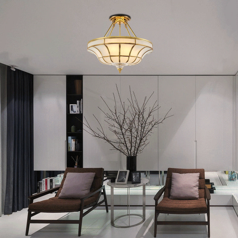 3/6 Lights Ceiling Mount Antique Curved Frosted Glass Semi Flush Lighting in Brass for Bedroom, 16"/19.5" Wide