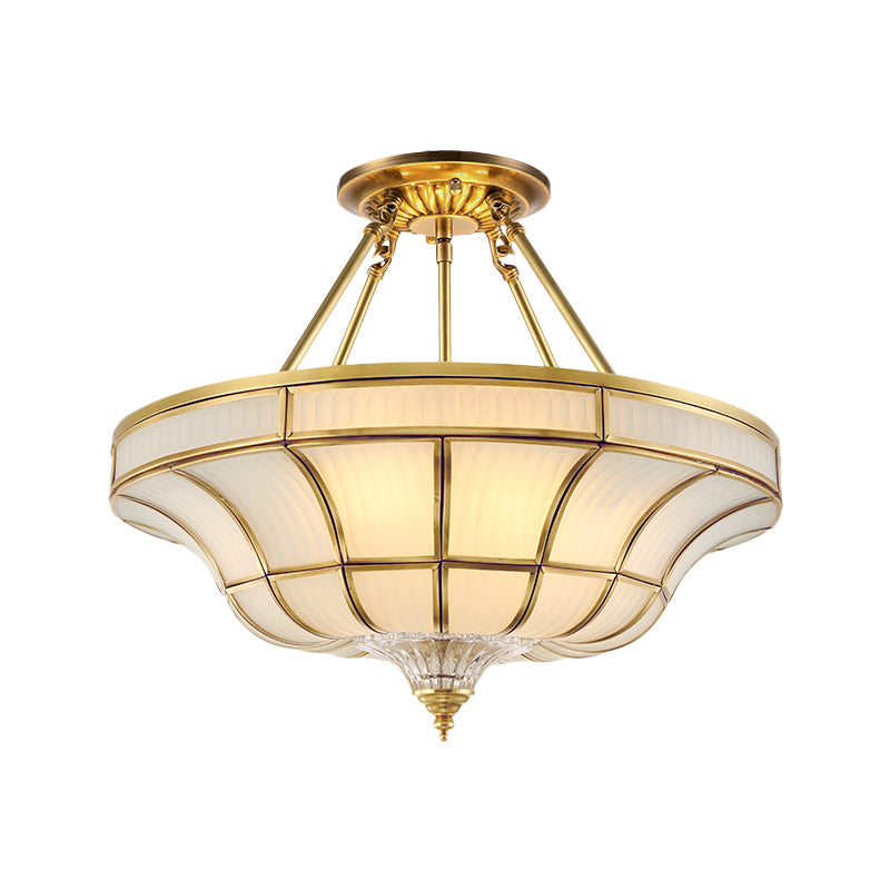 3/6 Lights Ceiling Mount Antique Curved Frosted Glass Semi Flush Lighting in Brass for Bedroom, 16"/19.5" Wide