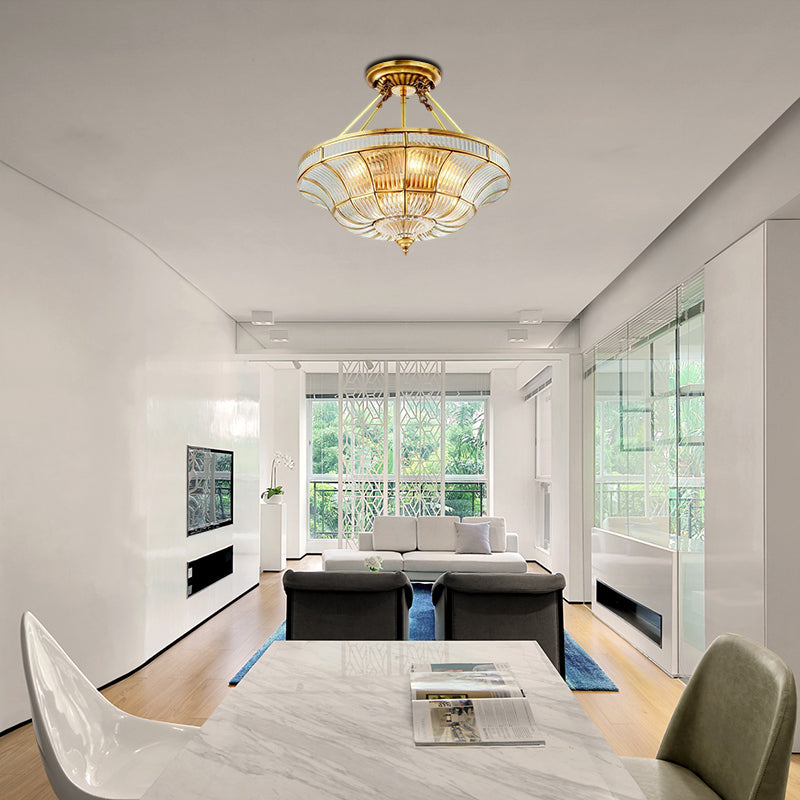 16"/19.5" Wide 3/6 Lights Bedroom Semi-Flush Mount Traditional Brass Semi Flush Light with Faceted Clear Ribbed Glass Shade