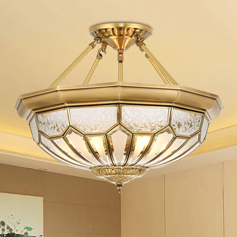 18"/19.5" Wide Bowl Bedroom Semi Flush Light Antique Frosted Glass 4/6 Lights Gold Semi Mount Lighting