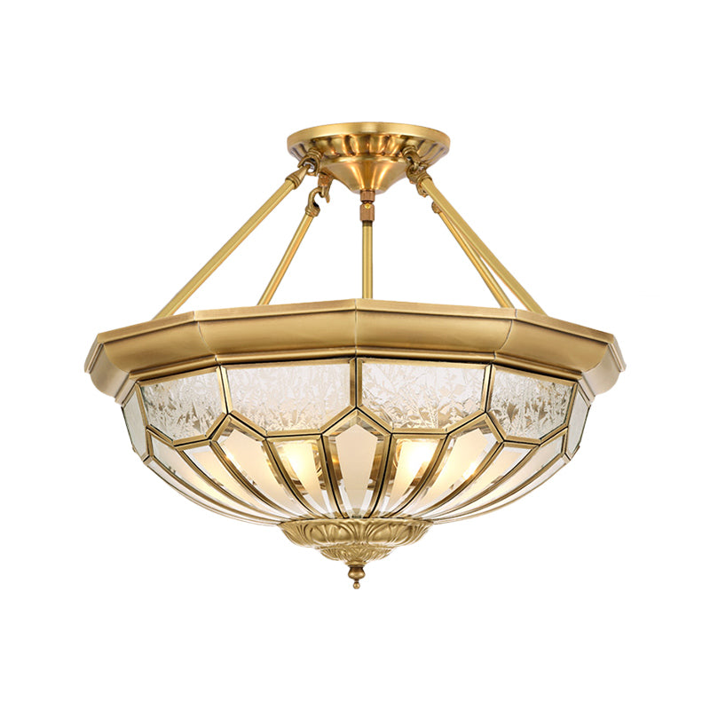 18"/19.5" Wide Bowl Bedroom Semi Flush Light Antique Frosted Glass 4/6 Lights Gold Semi Mount Lighting