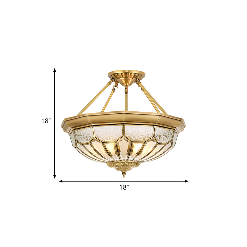 18"/19.5" Wide Bowl Bedroom Semi Flush Light Antique Frosted Glass 4/6 Lights Gold Semi Mount Lighting