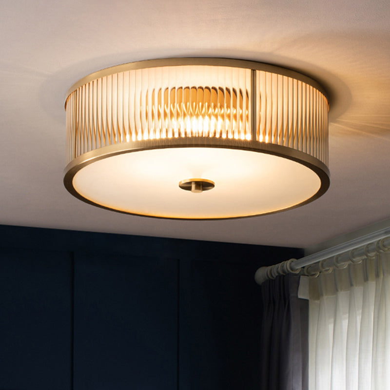 Brass Drum Flush Mount Light Traditional Style Glass Ceiling Light for Bedroom Living Room