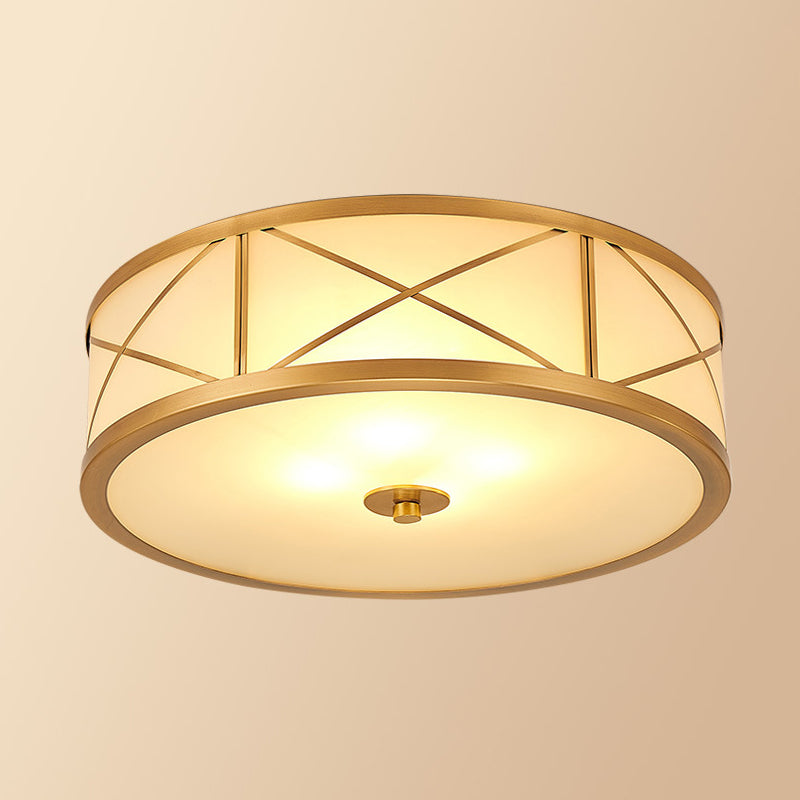 Brass Drum Flush Mount Light Traditional Style Glass Ceiling Light for Bedroom Living Room