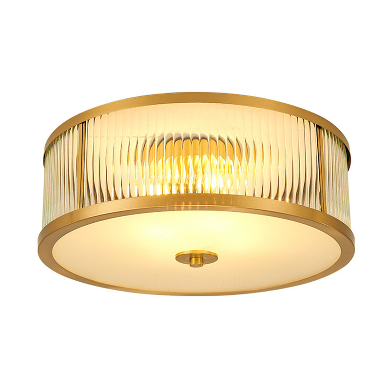Brass Drum Flush Mount Light Traditional Style Glass Ceiling Light for Bedroom Living Room