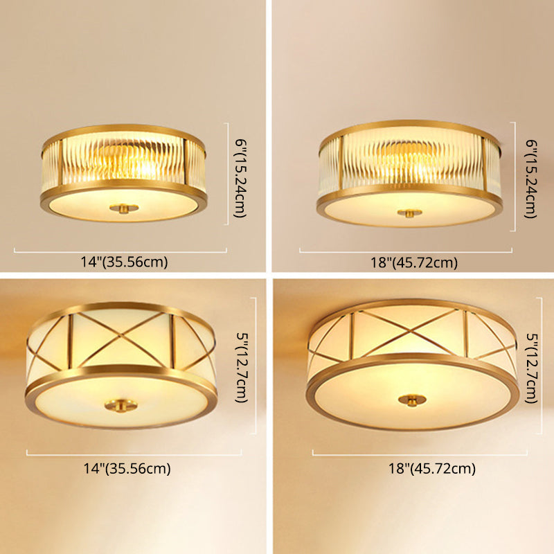 Brass Drum Flush Mount Light Traditional Style Glass Ceiling Light for Bedroom Living Room