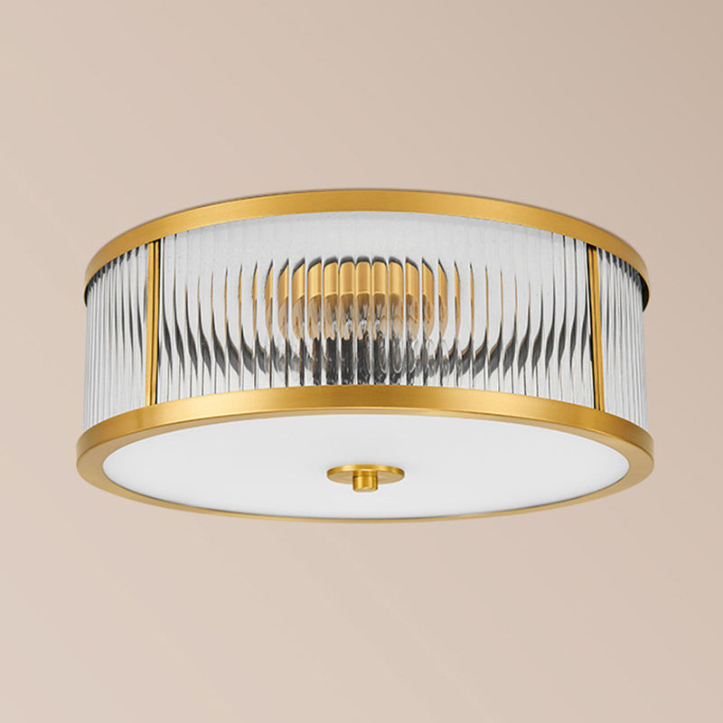 Brass Drum Flush Mount Light Traditional Style Glass Ceiling Light for Bedroom Living Room