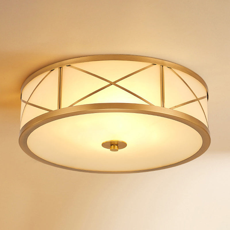 Brass Drum Flush Mount Light Traditional Style Glass Ceiling Light for Bedroom Living Room
