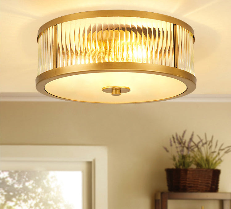 Brass Drum Flush Mount Light Traditional Style Glass Ceiling Light for Bedroom Living Room