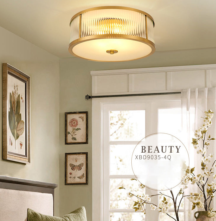 Brass Drum Flush Mount Light Traditional Style Glass Ceiling Light for Bedroom Living Room