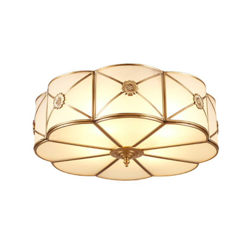 White Frosted Glass Drum Ceiling Light Traditional Rustic Style Brass Lighting Fixture for Bedroom Living Room