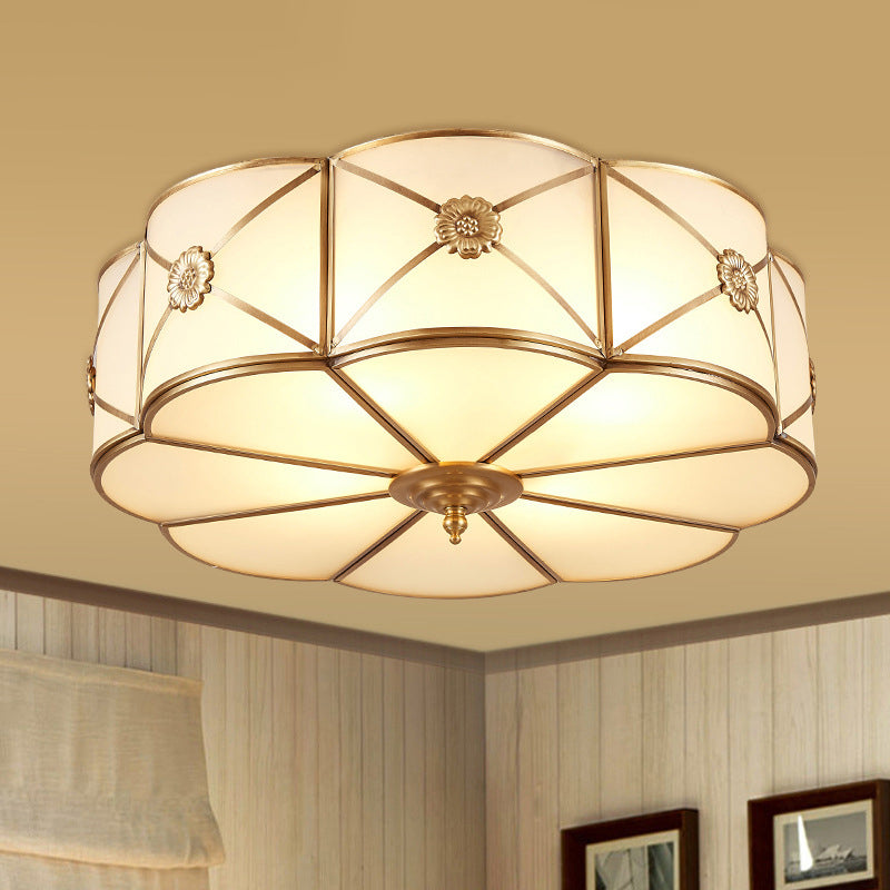 White Frosted Glass Drum Ceiling Light Traditional Rustic Style Brass Lighting Fixture for Bedroom Living Room