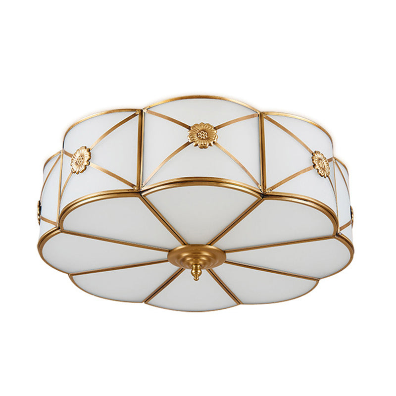 White Frosted Glass Drum Ceiling Light Traditional Rustic Style Brass Lighting Fixture for Bedroom Living Room