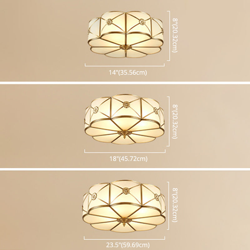 White Frosted Glass Drum Ceiling Light Traditional Rustic Style Brass Lighting Fixture for Bedroom Living Room