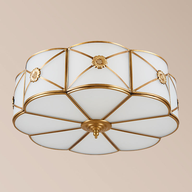 White Frosted Glass Drum Ceiling Light Traditional Rustic Style Brass Lighting Fixture for Bedroom Living Room