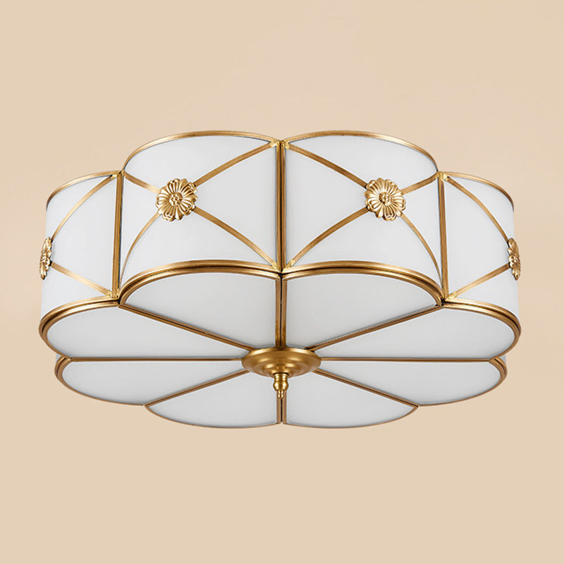 White Frosted Glass Drum Ceiling Light Traditional Rustic Style Brass Lighting Fixture for Bedroom Living Room