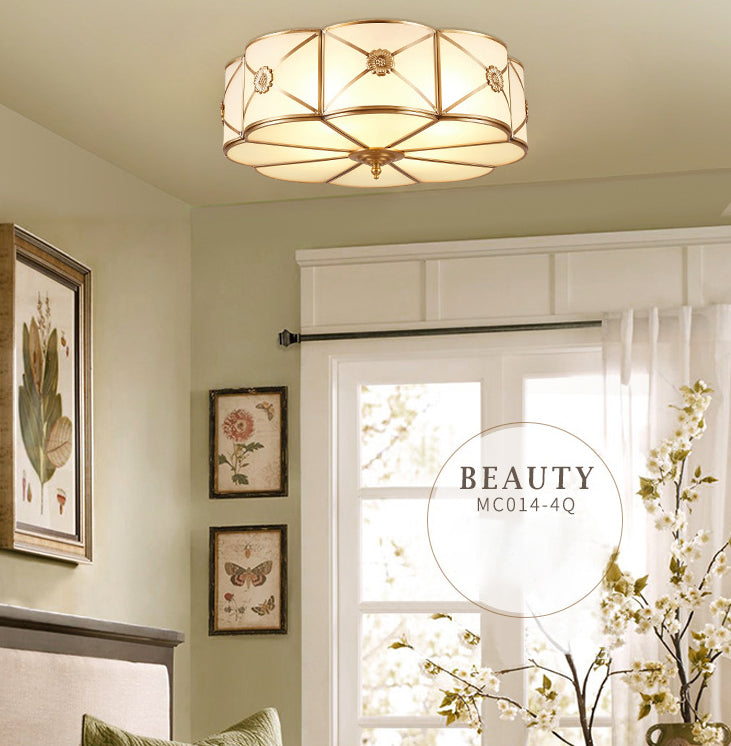 White Frosted Glass Drum Ceiling Light Traditional Rustic Style Brass Lighting Fixture for Bedroom Living Room